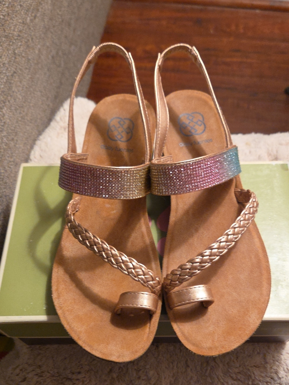 Daisy Fuentes Rose Gold Braided Toe-Ring Sandals with Gradient Rhinestone Strap